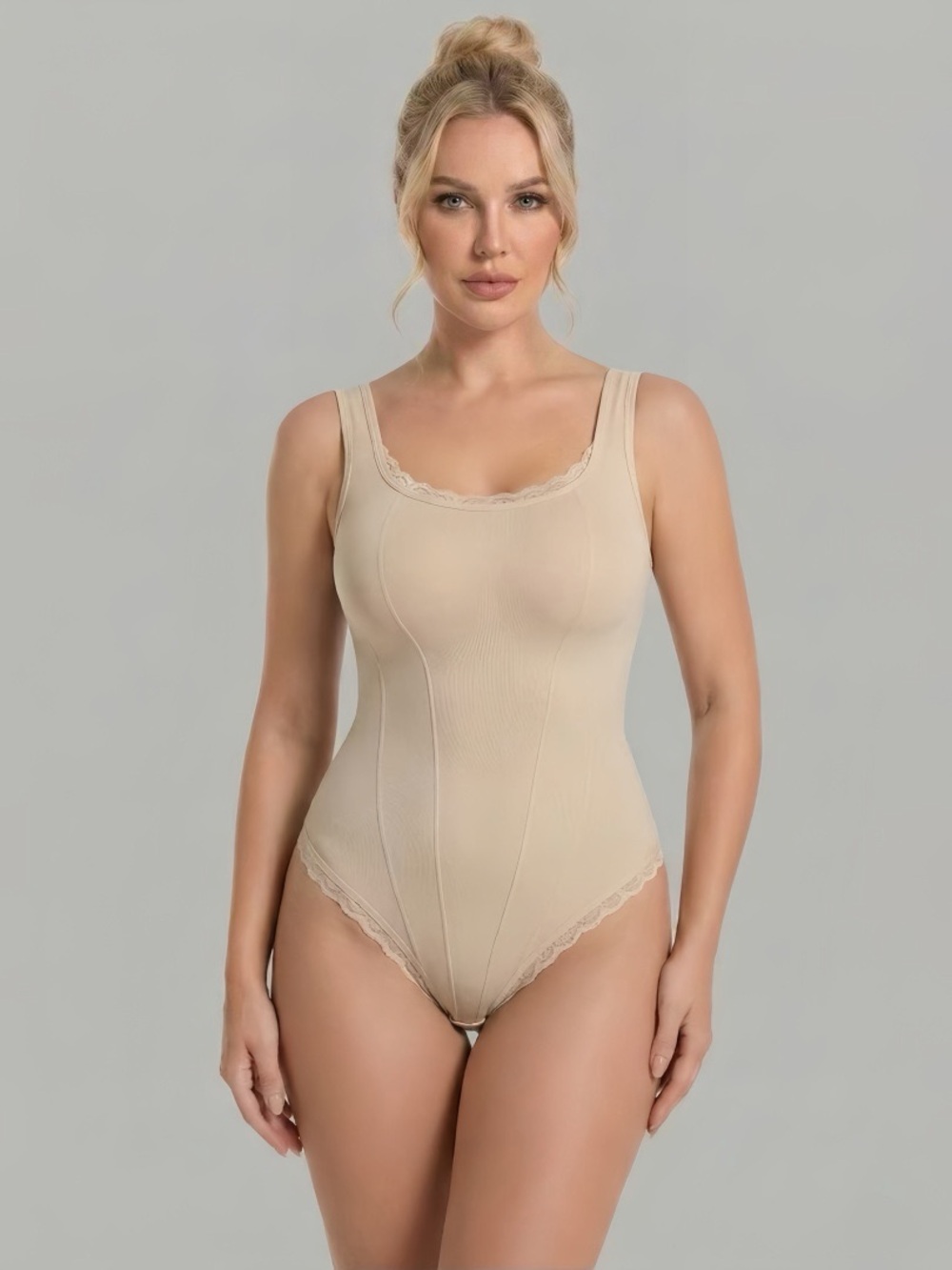 Nude Lace-Trim Shaping Bodysuit with Scoop Neck